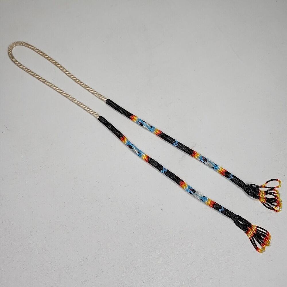 Native American Bolo Tie No Slide 38in Long Black 7.7mm Glass Beads Beaded Bola